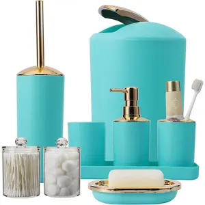 9 Pieces Teal Bathroom Accessories Set Gorgeous Gold Bathroom Set, Trash Can, Toilet Brush, Soap Dispenser, Toothbrush Holder, Soap Dish, Tumber, Qtip Holder, Tray, Sink Countertop Set