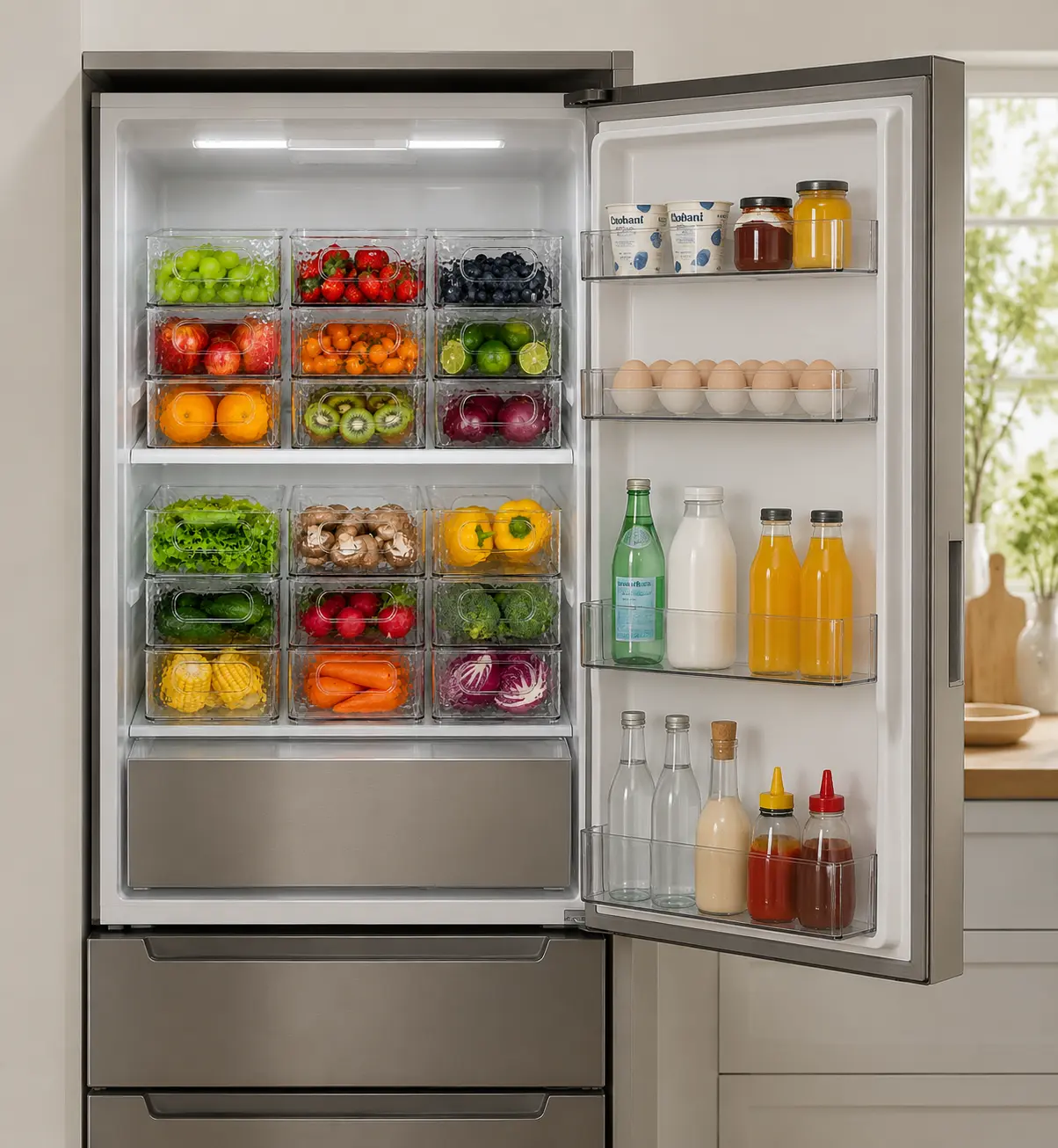 3-Piece Stackable Transparent Acrylic Plastic Fruit & Vegetable Storage Boxes with Handles, Multifunctional Kitchen Organizer Box Open Storage Bins for Space Organizing in Refrigerators, Cabinets