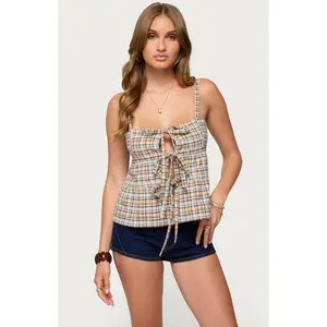 Edikted Women's Mirena Tie Front Plaid Top