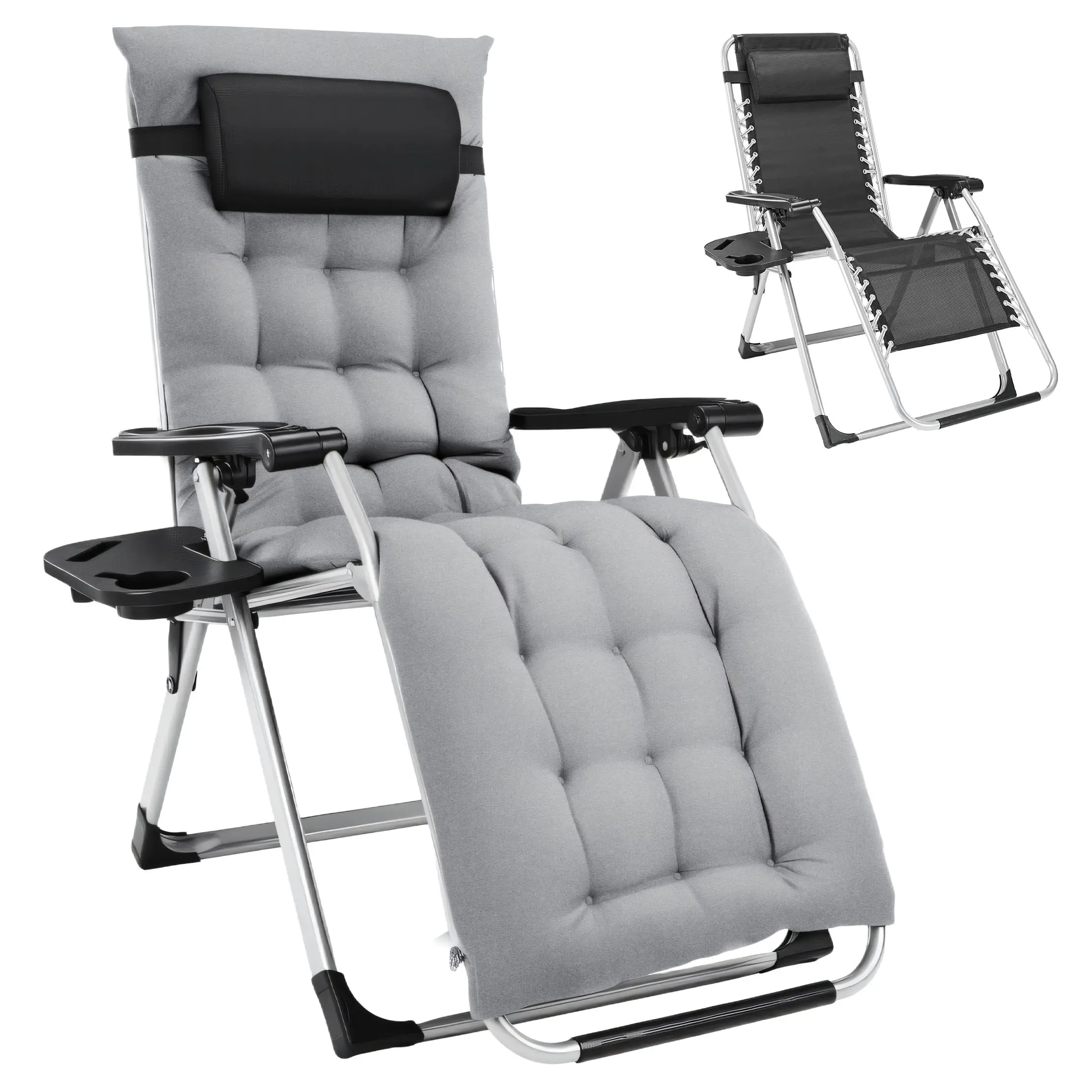 Gianna 0-Gravity Outdoor Lounge Chair - Heavy-Duty Folding Recliner for Patio, Lawn with Adjustable Backrest, Detachable Cushion, Headrest Pillow, Side Tray, Gray