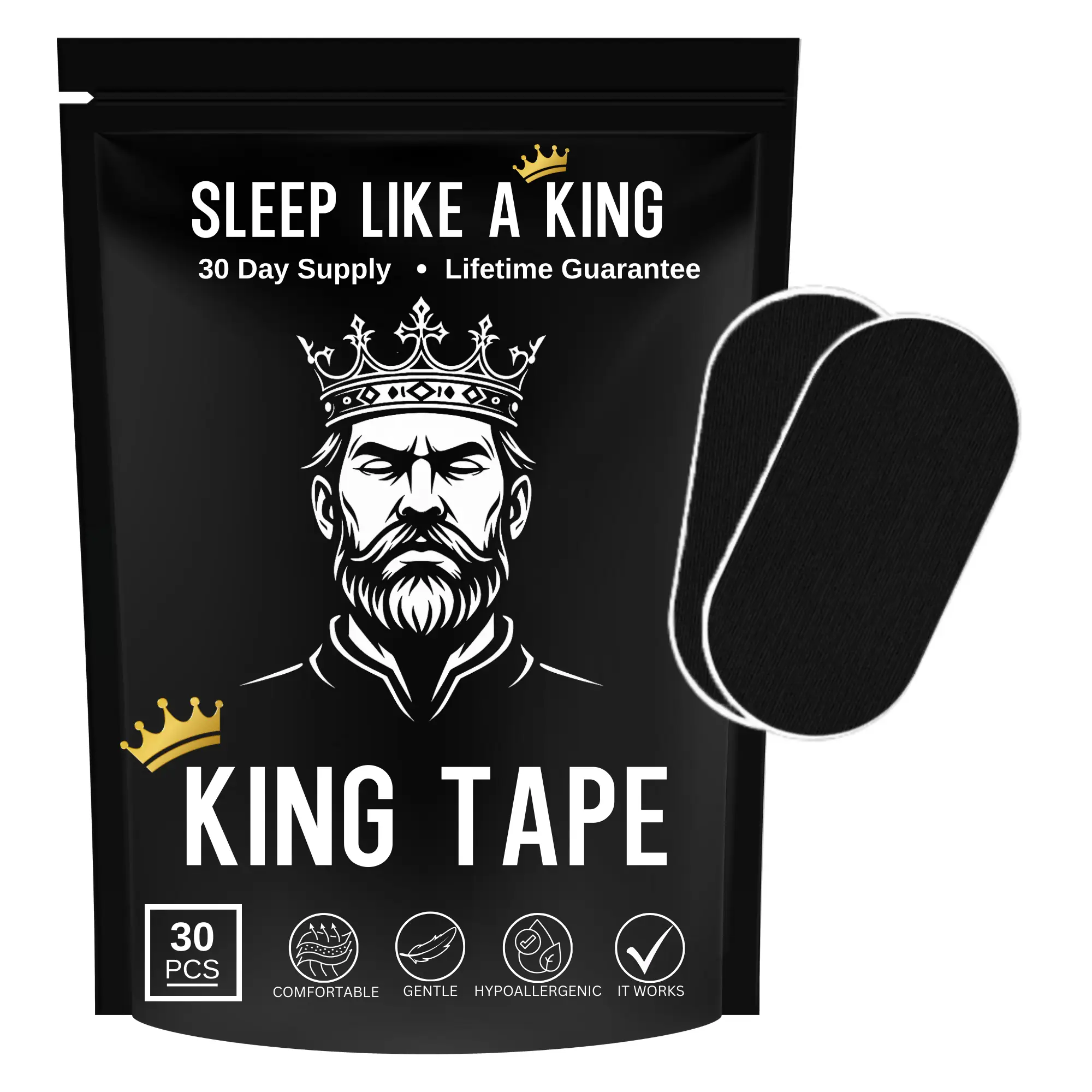 King Mouth Tape - one month supply mouth tape for sleep, 30 Pack, black, gentle adhesion, for sleep Snoring Nose Breathing, Sleep Like a King