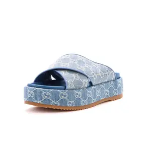 Pre-owned Gucci Women's Criss Cross Platform Slide Sandals GG Denim by Rebag