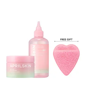 [APRILSKIN official] Pink Aloe Instant Soothing Duo | Glass Skin  Basic Bundle  (Pack Cleanser + Vita Toner + Heart Puff) Skincare | Korean Beauty