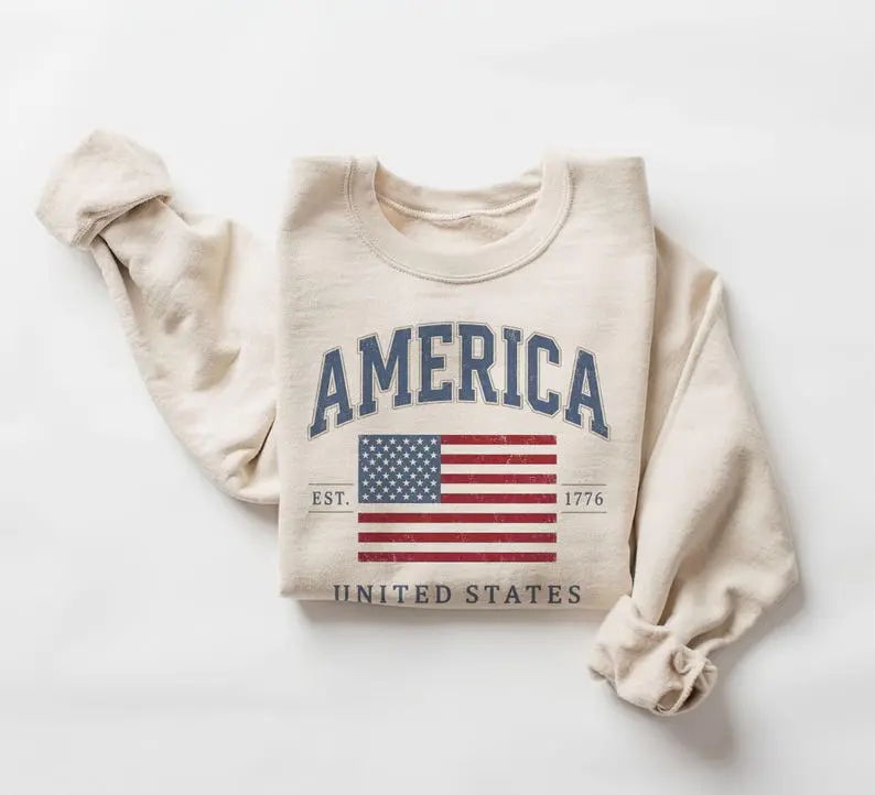 (Sale Off Up To 50%) Retro America Flag United States Patriotic 4th Of July Unisex Adult Crewneck Sweatshirt, Full Color, For Men, For Women, Casual, Classic Fashion, Tee Print