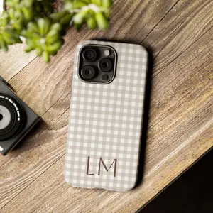 Beige Gingham Personalized Phone Cover Pattern Initials Custom Phone Case IP 17 16 15 14 13 12 Pro Max X
