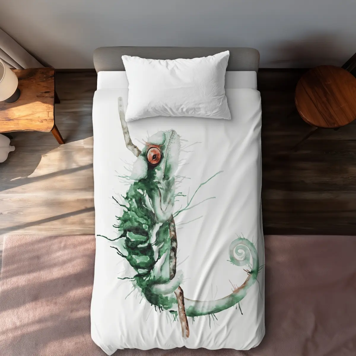 360 stand Twin Size Breathable Microfiber Duvet Cover Set - Reptile Print Chameleon on the Lookout Design, Decorative Wildlife Art Reptile Theme Home Bedding Textile Accessory, Breathable Duvet Set, Decorative Duvet Cover