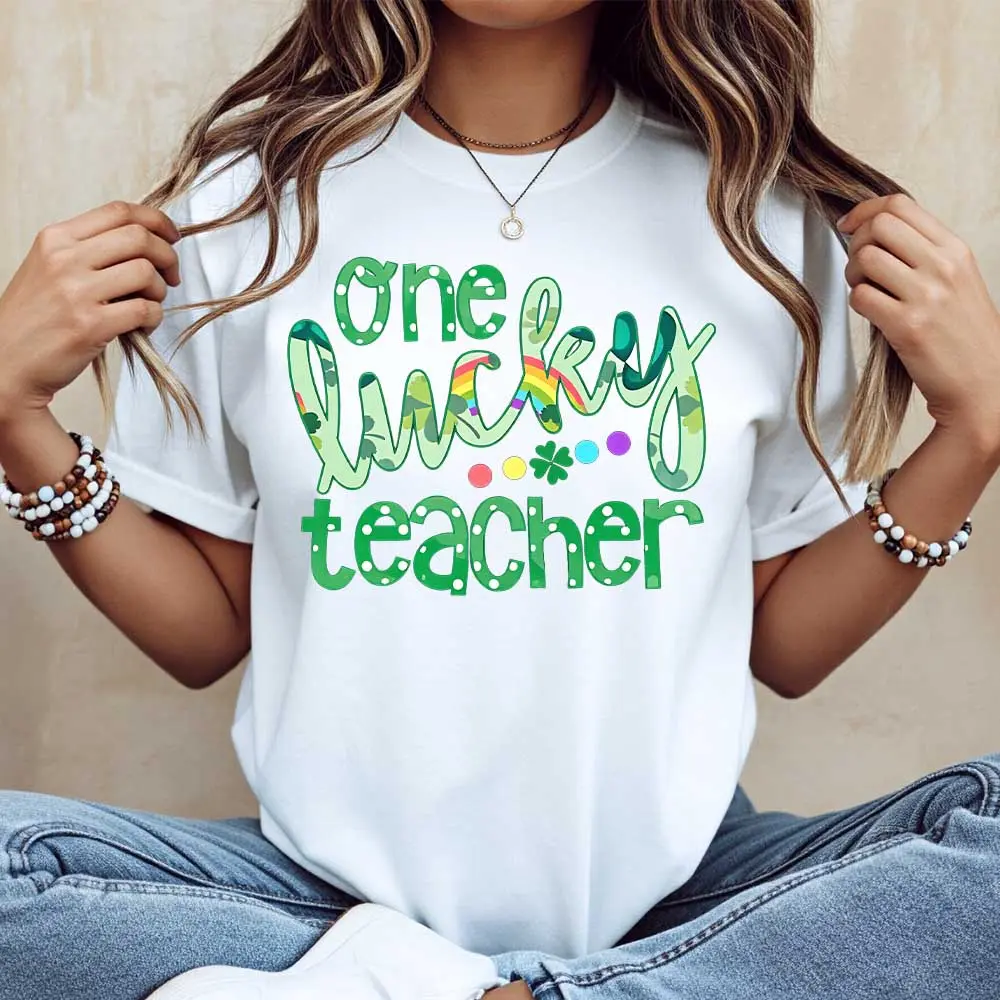 One Lucky Teacher Print T Shirt White Crew Neck Casual Tee For Women St Patrick's Day Celebration
