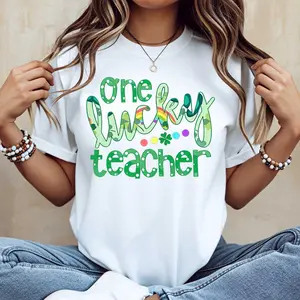 One Lucky Teacher Print T Shirt White Crew Neck Casual Tee For Women St Patrick's Day Celebration