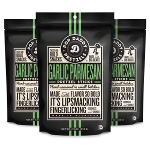 Pop Daddy Flavored Pretzels Sticks | Healthy Gourmet Pretzels Snacks | 7.5oz Individual Bags | 3 Pack | Garlic Parmesan