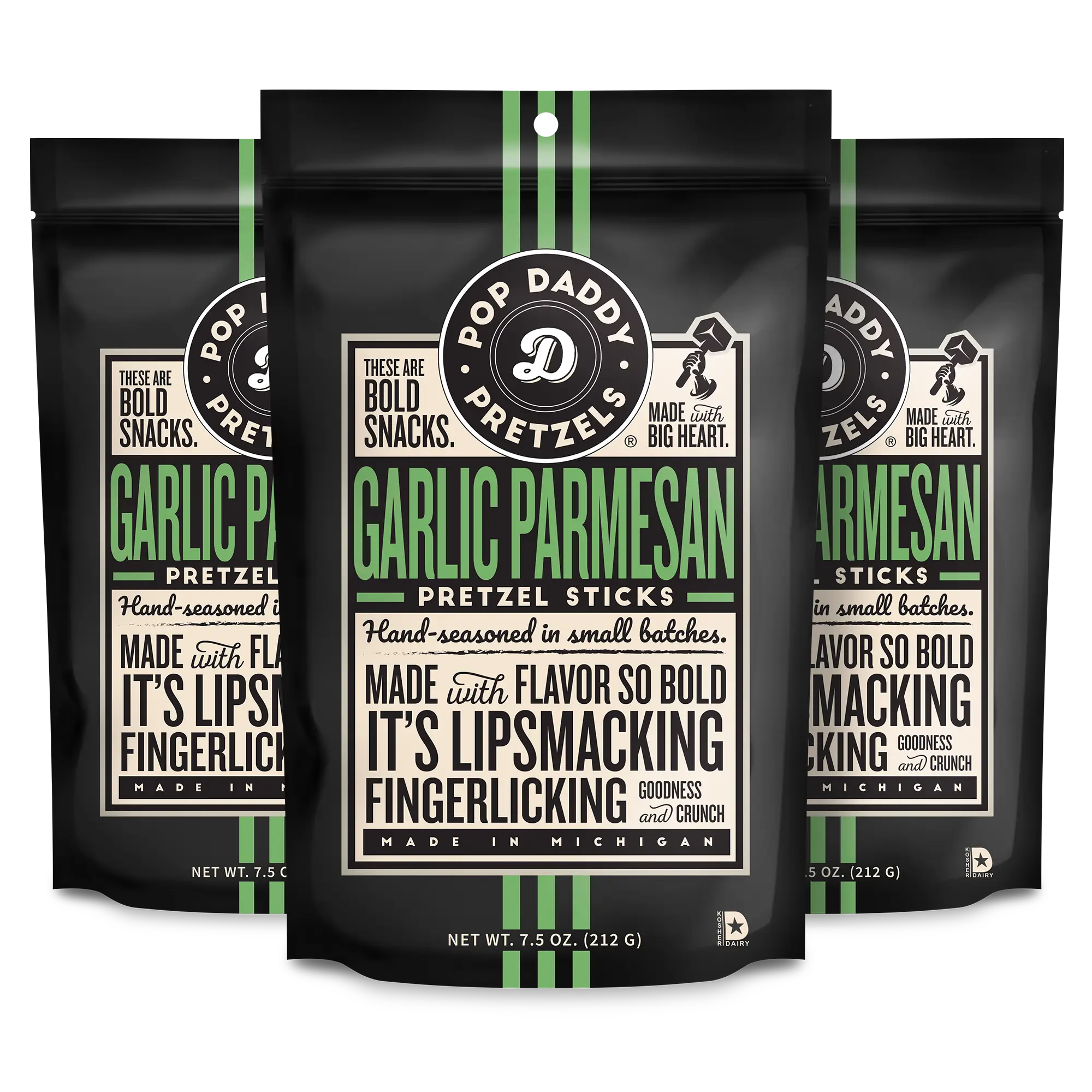 Pop Daddy Flavored Pretzels Sticks | Healthy Gourmet Pretzels Snacks | 7.5oz Individual Bags | 3 Pack | Garlic Parmesan