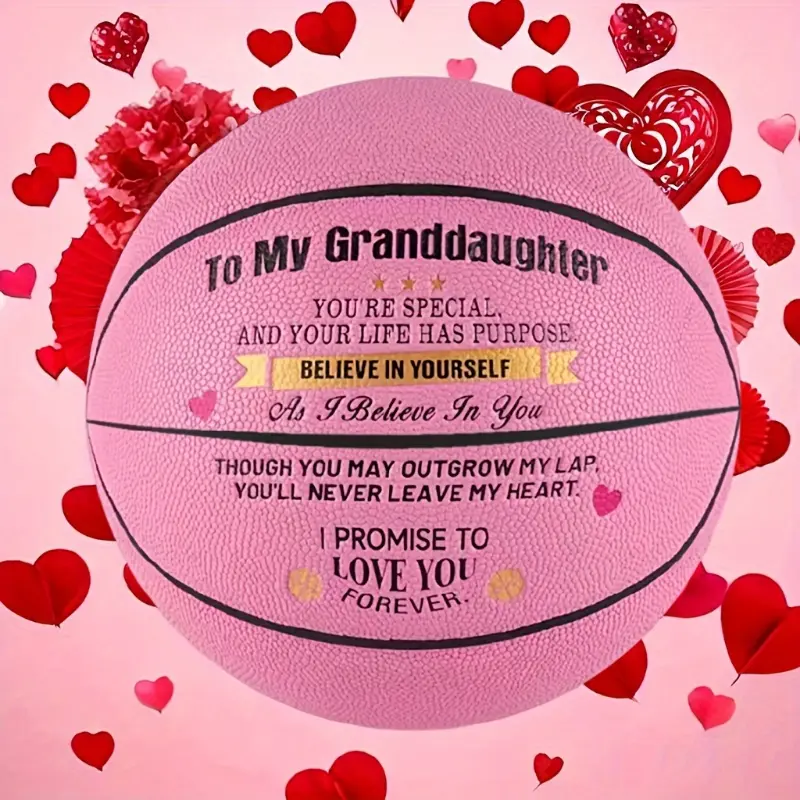 PU Leather Engraved Size 7 Basketball for Granddaughter, Floral-Heart Patterns, Heartfelt Message Custom Engraving, Sentimental Birthday Gift with Pump