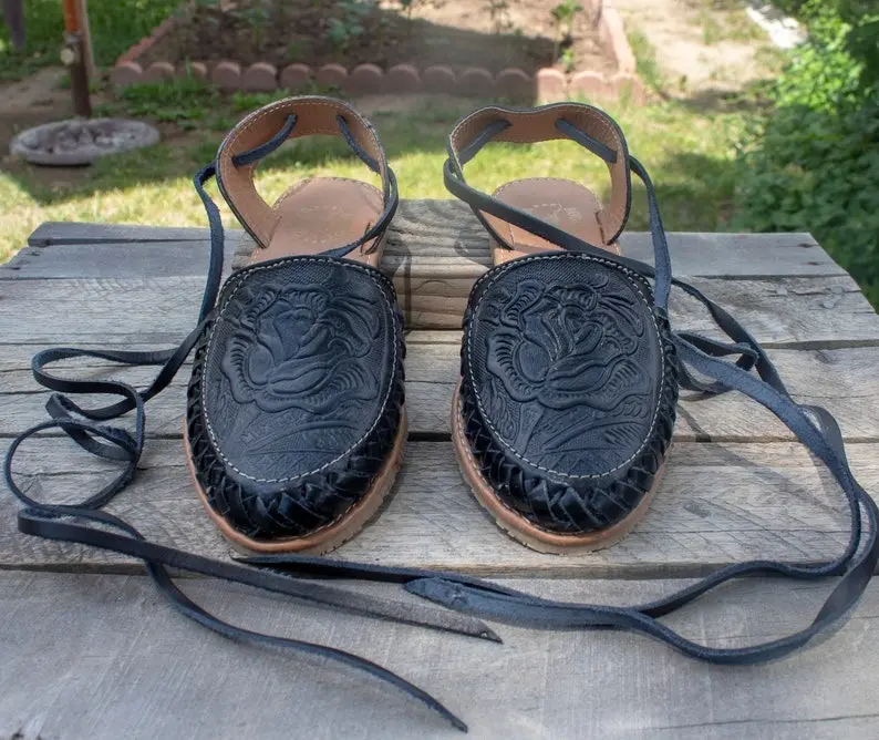 Womens LEATHER black closed toe lace up Rose stamped huarache MEXICAN SANDALS