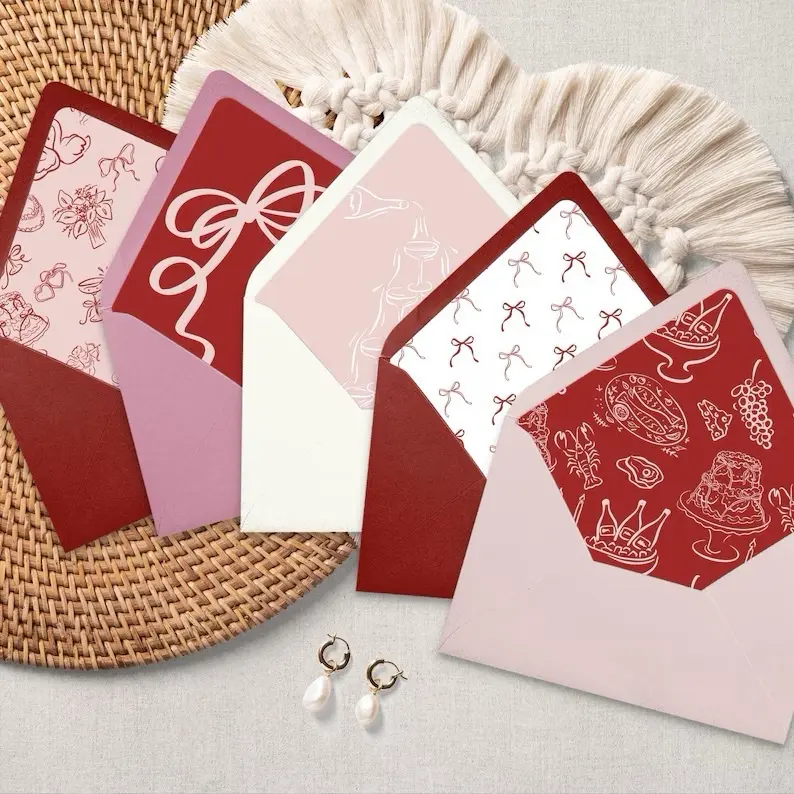 Whimsical Valentines Coquette Envelope Liners - Assorted Designs in Red, Pink, White & Beige, Perfect for Gifting and invitations