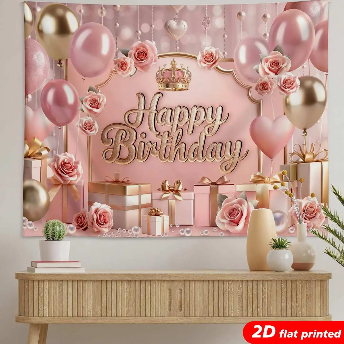 Pink Rose Happy Birthday Tapestry Wall Hanging - Crown Balloon Gift Design 2D Flat Printed, Floral Decorations, Photobooth Style, Rose Centerpiece for Women's Birthday Party, Aesthetic Home Decor, Floral Decorations Tapestries, Photobooth Style Tapestries