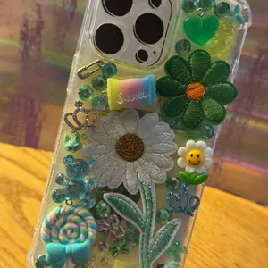 iPhone 16 Pro Max Green Junk Case with Embroidered Flowers and Beads for Stylish Protection