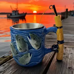 Stainless steel fishing-themed mug, coffee mug, water mug with 3D fish shape and fishing rod handle - made of thickened 304 stainless steel, durable beer mug, suitable for camping, home parties, perfect Easter, Christmas, and Father's Day gift.