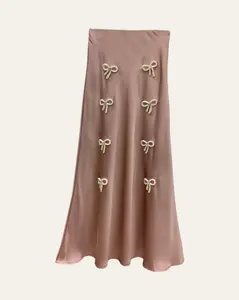 Women's High Waist Smooth Fit Solid Bow-Embellished Satin Polyester Midi Skirt