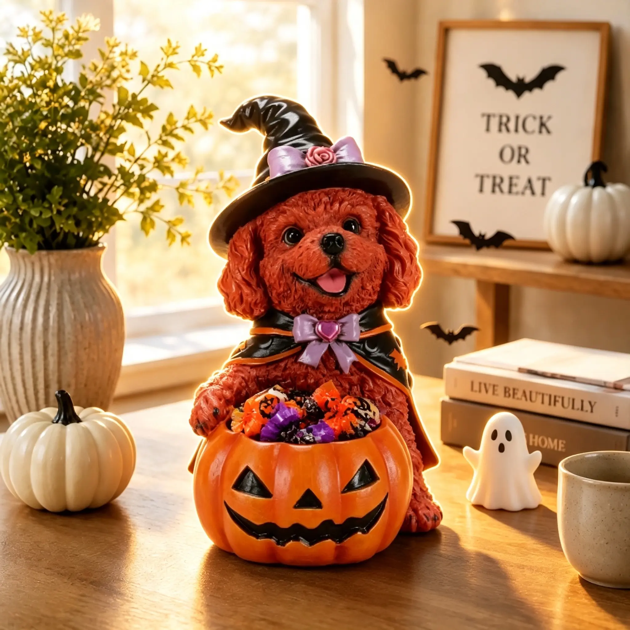 Resin Witch Teddy Dog Figurine Candy Bowl, Halloween Pumpkin Treat Holder, Spooky Cute Fall Home Tabletop Decoration, Trick-or-Treat Storage for Party Indoor Decor & Gift