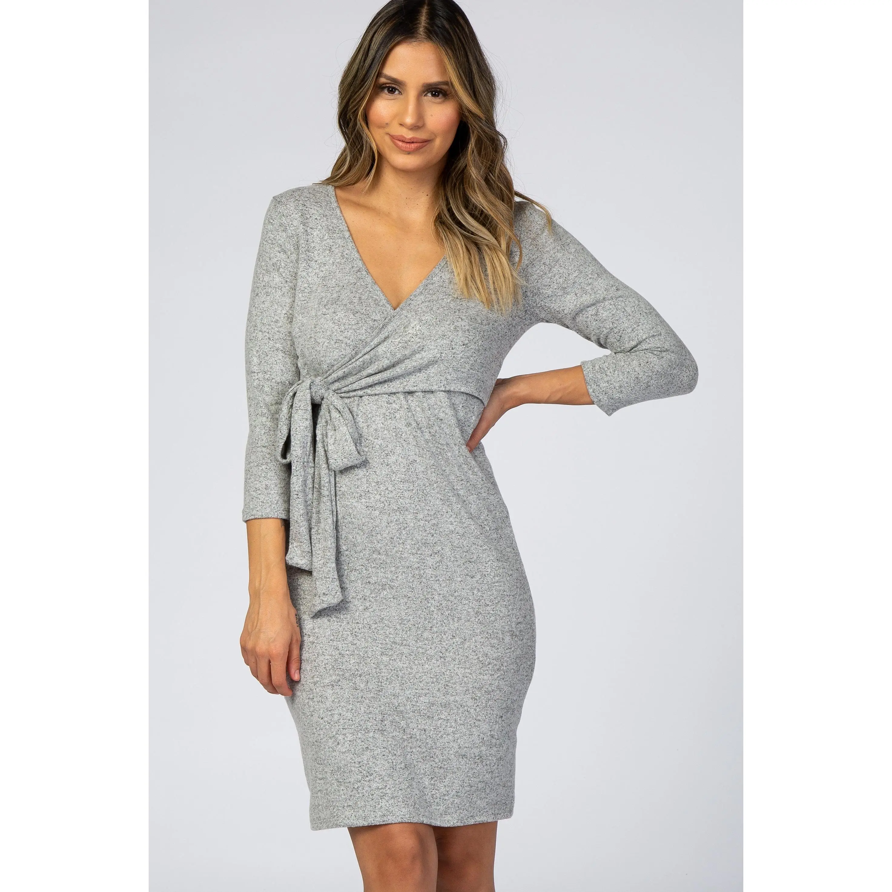 Heather Grey Brushed Knit Wrap Fitted Nursing Dress
