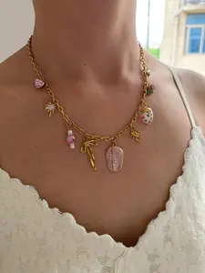 Charms Dopamine Bowknot Flower Strawberry Rhinestone Pendant Necklace for Women Dainty Trendy Daily Jewelry Elegant Rhinestone Necklace Waterproof