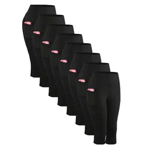 [8pcs Plus Size Leggings] 8pcs Plus Size High-Waisted Yoga Leggings |   Stretchy Activewear Tights for Running & Exercise, Breathable Polyester-Spandex Blend, Solid Colors, Ribbed Cuffs, Machine Washable