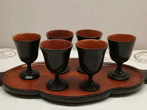 Vintage Handcrafted Wooden Wine Goblets And Tray (7 Pieces)