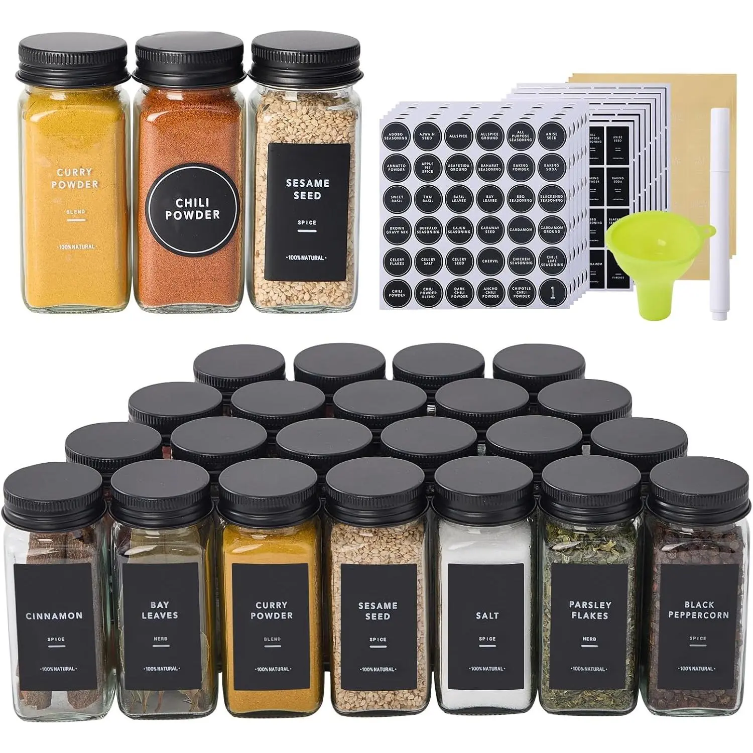 24 Glass  Jars with 576 Labels- Jars with Black Metal Caps, 4oz Empty Square  Containers with Shaker Lids, Funnel, Chalk Pen, Seasoning Bottles for  Rack, Drawer, Cabinet