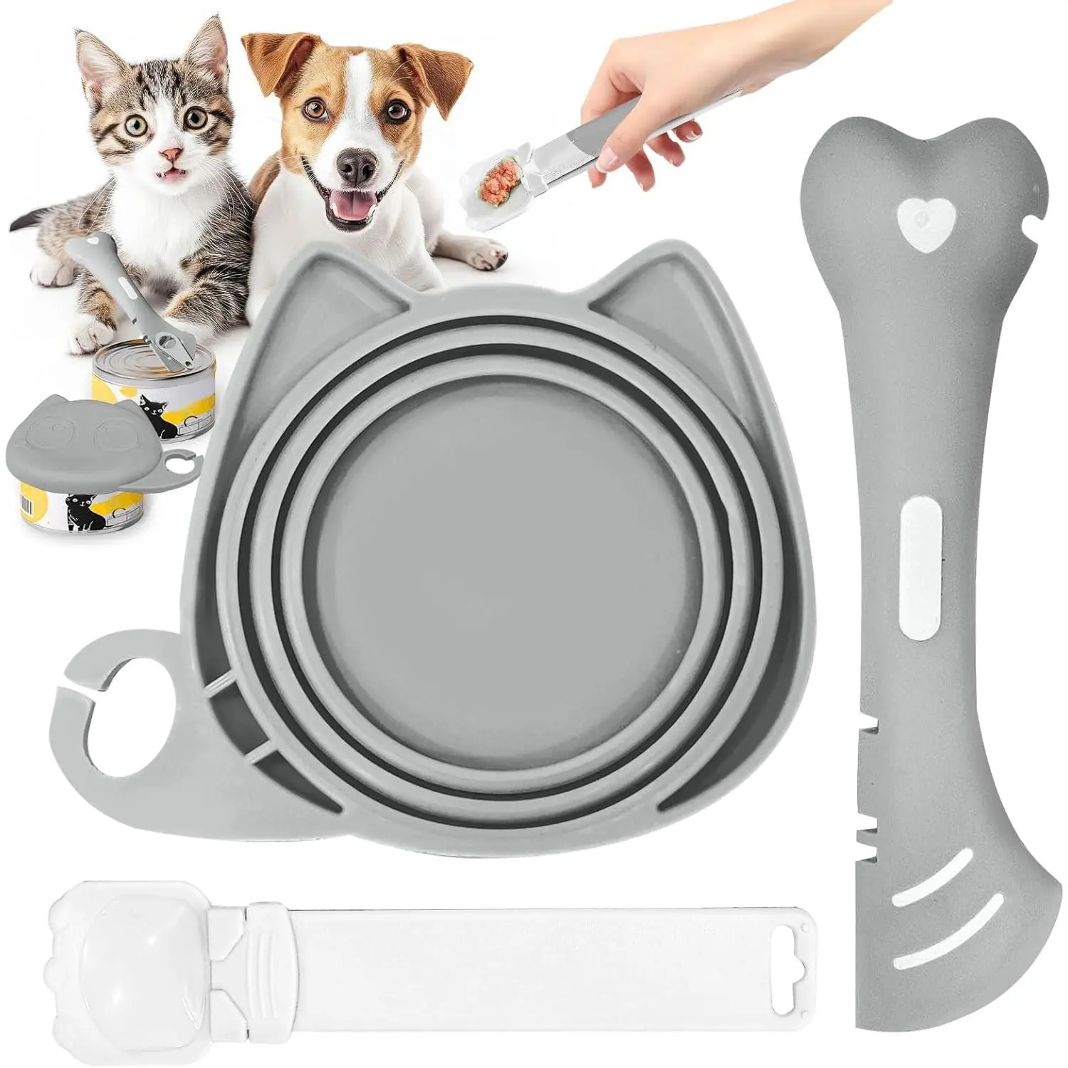 Silicone Cat &Dog Food Can Cover Lid and Spoon With One Cat Strip Feeder 3 count Pet Cat Supplies Set Cute Shape Cats Wet Food Spoon(Opener/Spatula) Universal Can Cover(Grey)