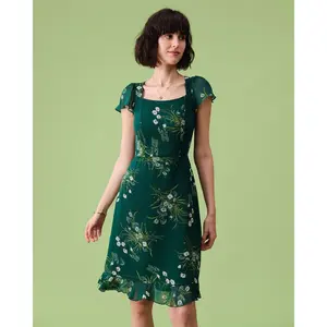 Rihoas Women's Casual Polyester Square Neck Backless Short-Sleeve Floral Print Ruffled Midi Dress with Cap Accent