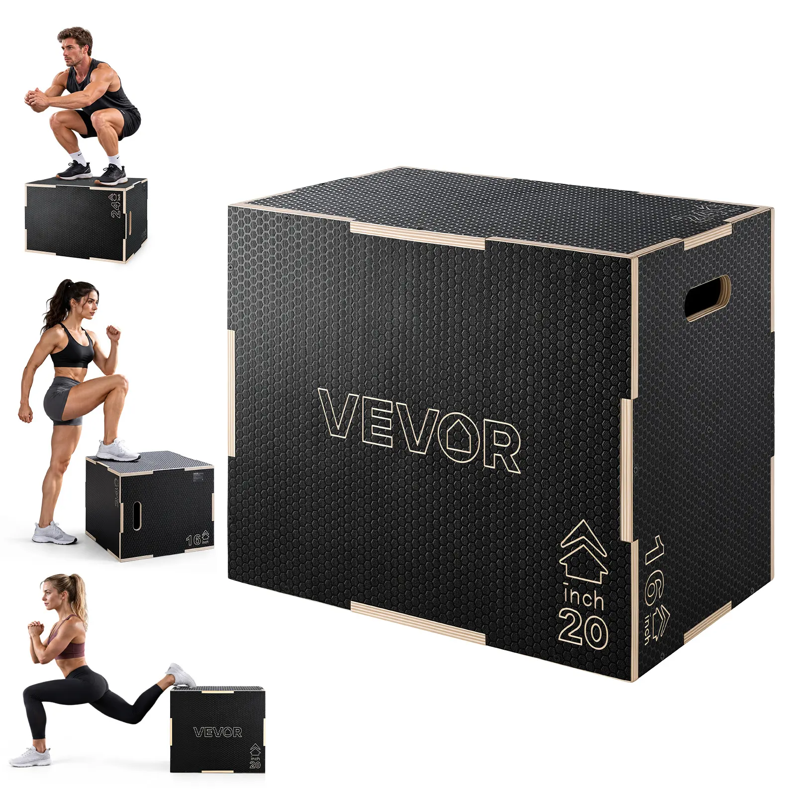 VEVOR 3-in-1 Wooden Plyo Box, 16/20/24-Inch, Non-Slip Plyometric Jump Boxes, for Home Gym, Step-Up Training Exercise Platform with Smooth Edges, Built-In Handles, Pre-Drilled Holes & Stable Support