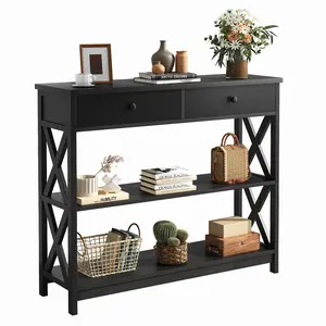 39" 3-Tier Console Table with 2 Drawers & Metal X-Frame, Wood Entryway Table (200 lbs Capacity)