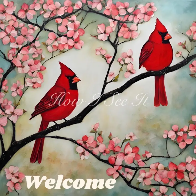 Cardinal Cherry Blossom Wreath Sign with "Welcome" Text, Featuring Red Cardinals and Pink Blossoms