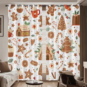2pcs Christmas Theme Curtains, Gingerbread Man Pattern, Living Room Bedroom Study Hotel Home Decor, 100% Polyester, Privacy Protection
