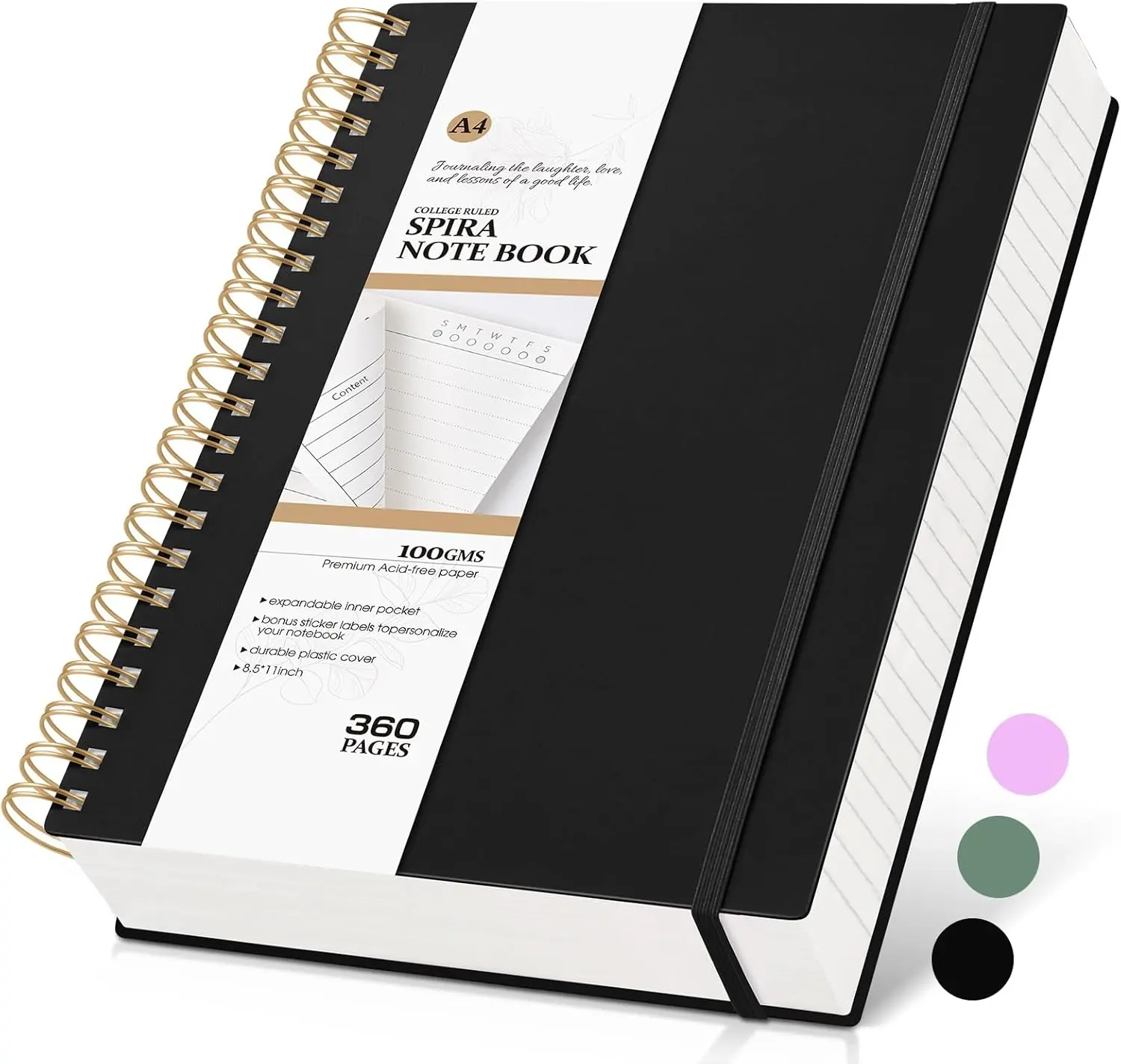 Spiral Notebook Journal College Ruled 8.5''x 11'', 360 Pages Lined Thick Journals for Women Men, A4 Large Writing Spiral Journal with 100GSM Paper, Spiral Notebooks for Work, School Black