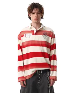 Inflation 100% cotton loose-fit long-sleeve polo shirt, retro campus style, vintage red-and-white striped long-sleeve baseball shirt for men and women, casual streetwear baseball top