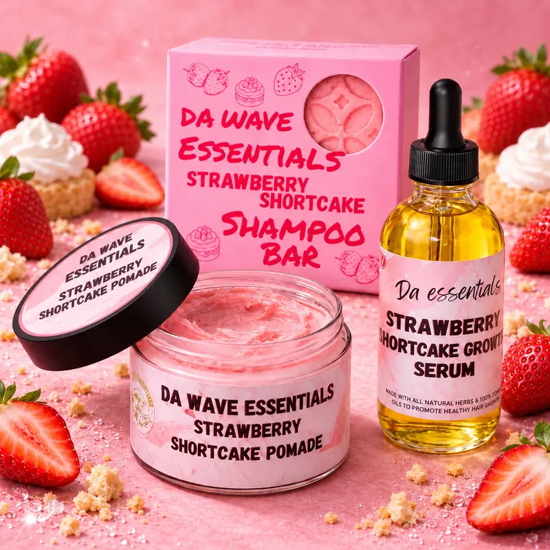 Adults' 3-Piece Dawaveessentials Solid Cleanser Hair Care Kit - Limited Edition Perfumed Strawberry Shortcake Wavy Hair Set, 250g Natural Liquid Growth Serum Blend, Shea Butter Pomade, Shampoo Bar, Paraben-Free, Moisturizing, Castor Oil Define Support