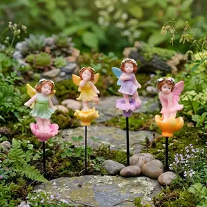 4Pcs Enchanting Miniature Fairies 🧚‍♂️ Garden Stake Ornaments for Succulent Pots & Outdoor Lawn Decor - Weatherproof & Cute!
