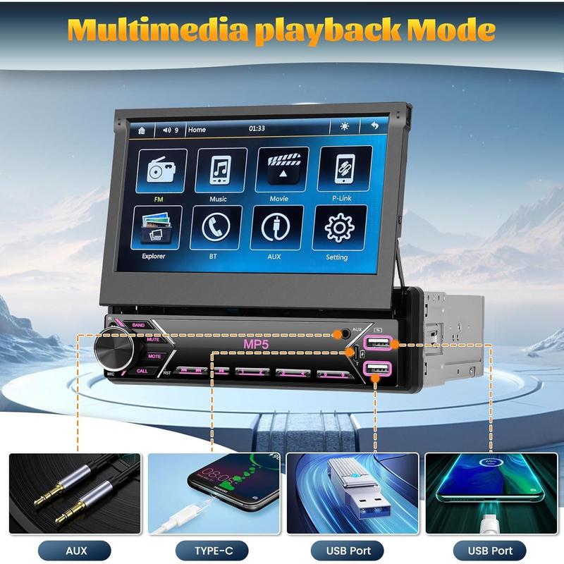 Car Radio 1Din with Retractable Screen,7inch Manual Retractable Display 1 Din Radio with Bluetooth Handsfree FM Type-C 2USB AUX Mirror Link SWC Rear View Camera、No carplay and no android auto、automotive