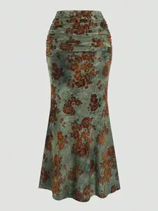 Bottom Floral Velvet Fish Tail Skirt, Vintage Embroidered Print, Waist Pleated Cinched, Elegant Retro Style, Atmosphere Full