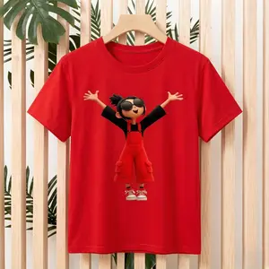Women's Plus Size 180g Cotton Crew Neck Fitted T-Shirt - Cool Cartoon Girl Red Graphic, Happy Vibe, Bright Casual Short Sleeve Clothes, Light Heat Transfer Fabric Top tiktokshopspringglowup,summervibes