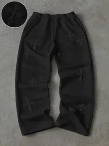 One Pair Men's Streetwear Joggers with Embroidered Cross Designs, Loose-Fit & Comfortable for Casual Daily Wear