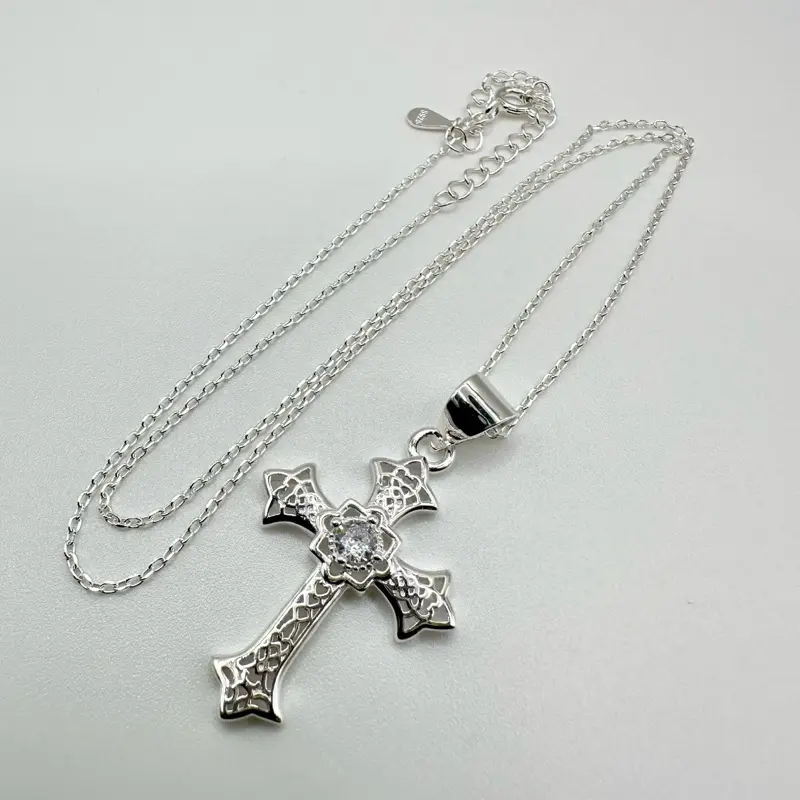 “925 Silver Small Cross – Rhodium Plated with Chain Included (16″ + 2″ Extension)”