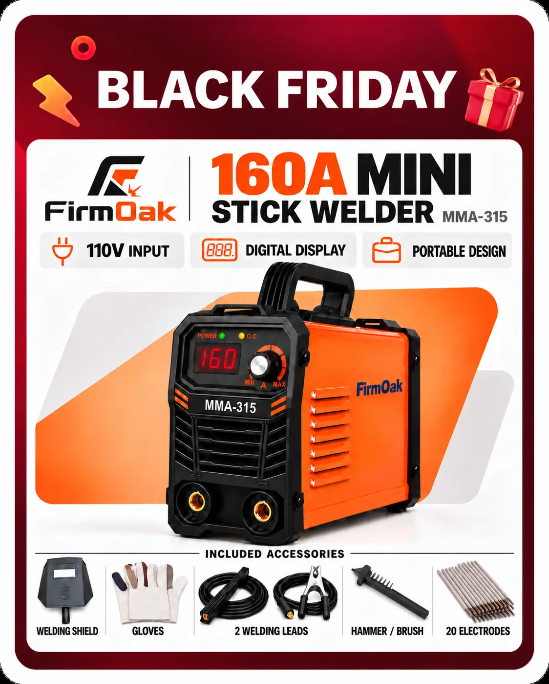 【BLACK FRIDAY】FirmOak 110V 160A Mini IGBT ARC Stick Welder Kit - Portable Welders, 110V Plug & Play, 5.26 lbs/2.4kg, Digital Display, Hot Start, Arc Force, Anti-Stick, Auto Power-Off, 1-3mm Welds for DIY Enthusiasts Home Use