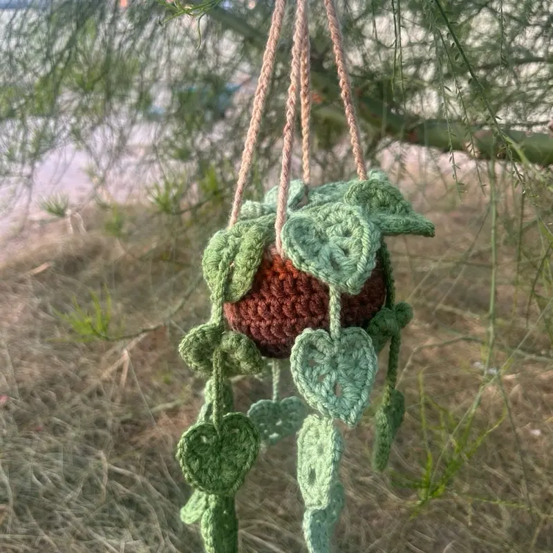 Hand-Crocheted Succulent with Tri-Color Pot, Supported by Four-Point String for Easy Hanging