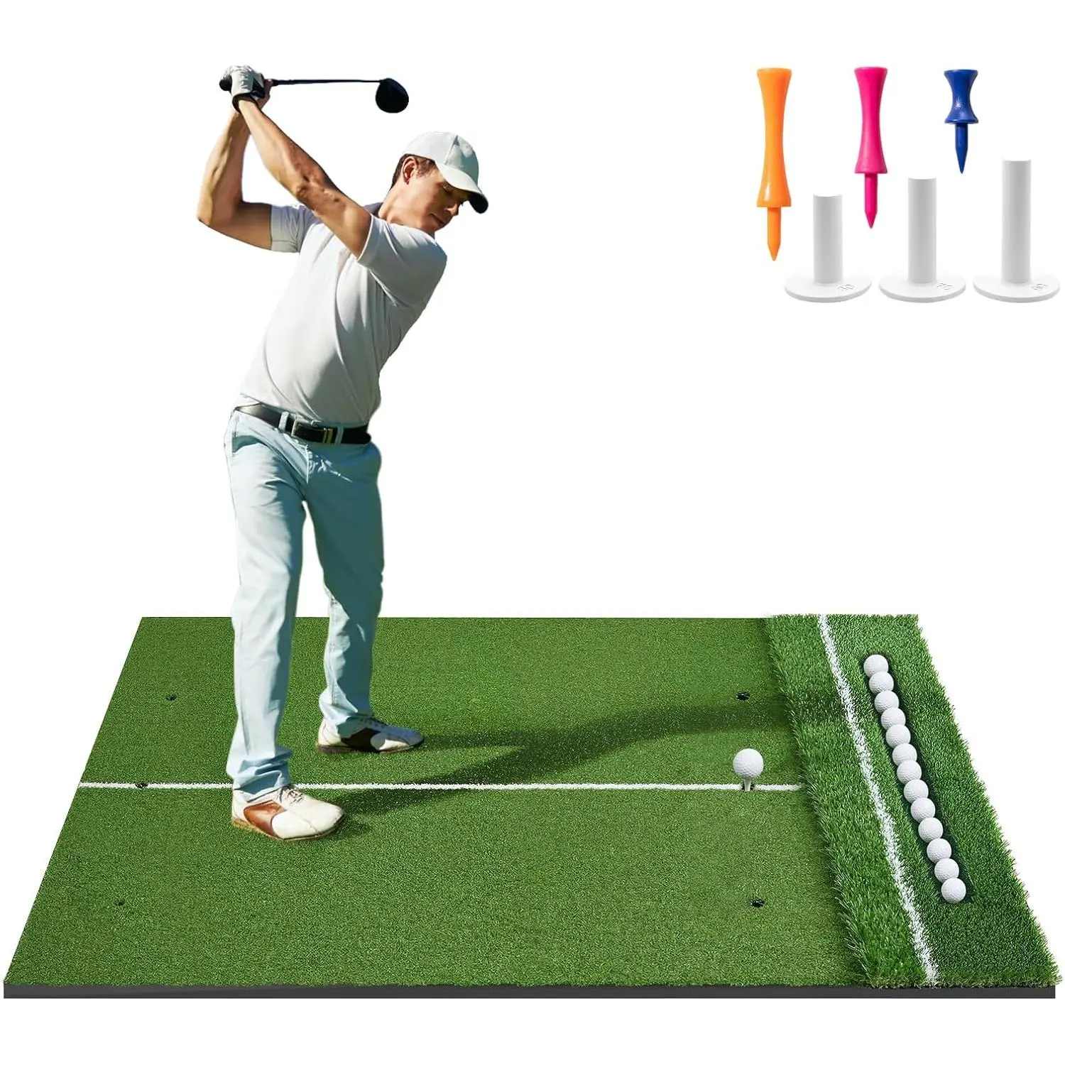 5x4ft 6x4ft Dual Turf Golf Hitting Mat with Ball Tray, 10/15mm Thick Non-Slip Base, Golf Practice Mat with 3 Rubber Tees for Driving Chipping Swing Training, Indoor Outdoor Use