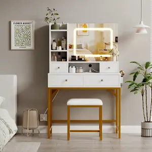 Vanity Desk with Mirror, 3 Adjustable Lighting Mode Makeup Vanity, Modern Dressing Table and Stool with Charging Station, 4 Drawers and 2 Open Shelves for Bedroom, Makeup Studio, White+ Gold