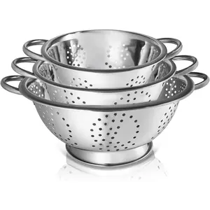 3 Pack Stainless Steel Colanders with Handles - 5 Qt, 3 Qt, 1 Qt - Durable Kitchen Strainers & Colanders Set - Ideal Metal Colander for Pasta, Vegetables and Food Prep
