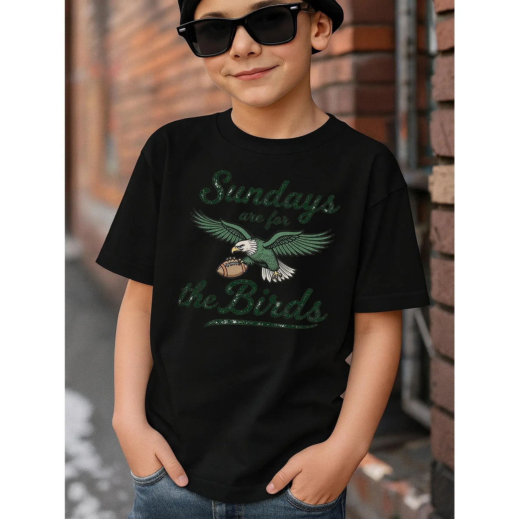 Young Boy's "Sundays Are for the Birds" Football Eagle Graphic T-Shirt, Game Day Tee Funny MEME Graphic Cotton T-Shirt For Young Boys, Black 100% Cotton T-shirts With Football and Eagle Theme Stranger Style Up Side Down Things/67 MEME Shirt, Funny MEME 67