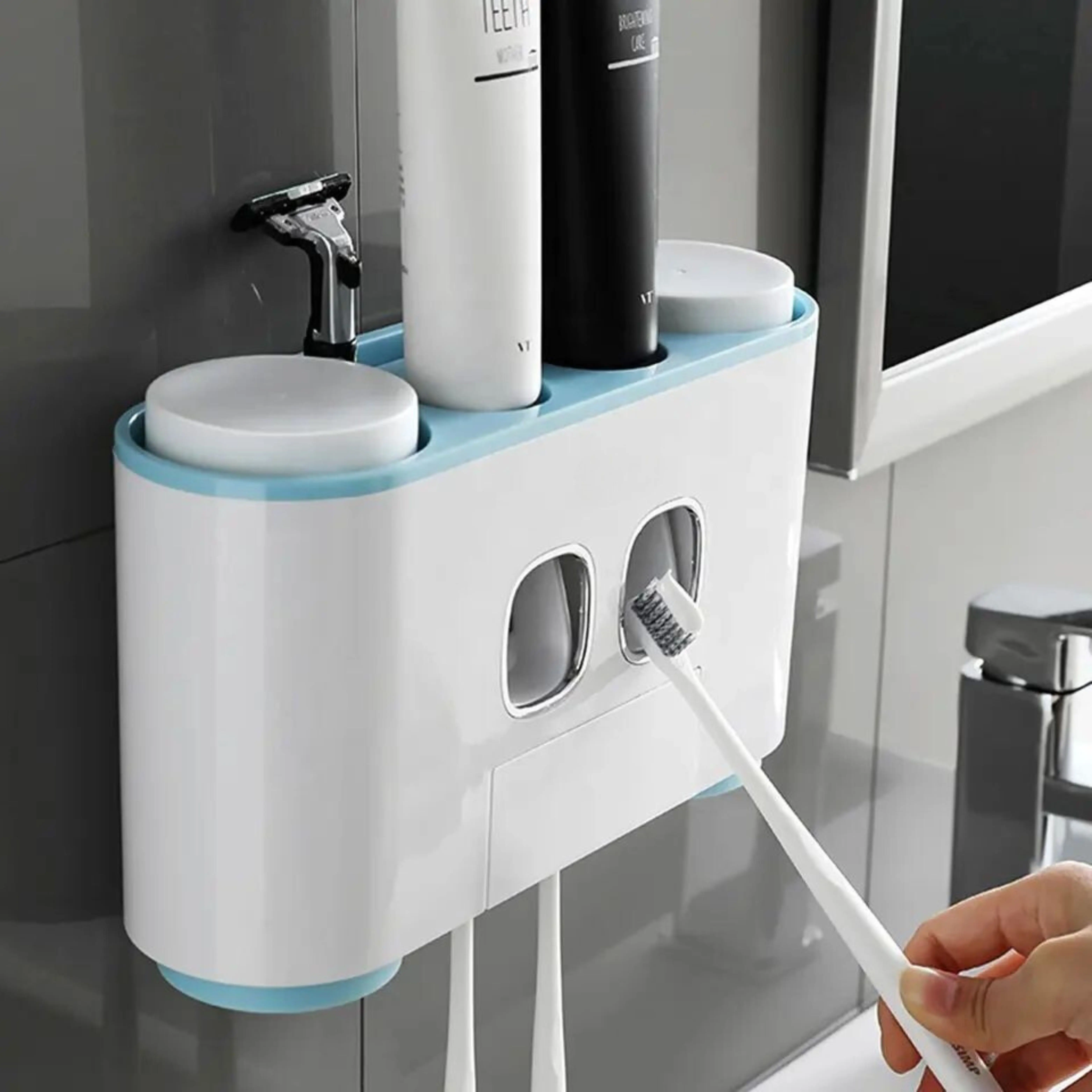 Wall-mounted toothbrush holder with toothpaste dispenser. Includes 4 cups, automatic squeezer, 5 toothbrush slots, and wooden design—perfect for kids