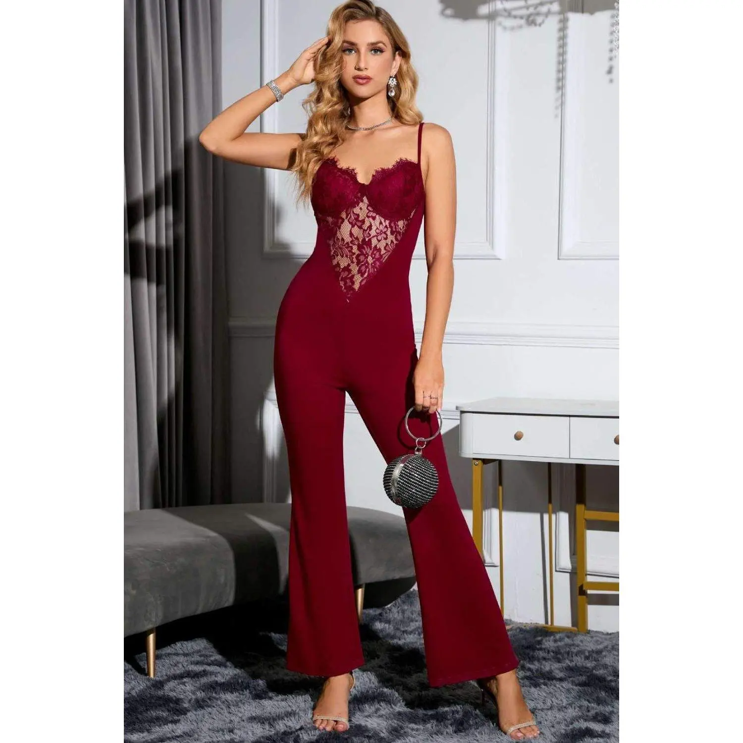 Spliced Lace Sweetheart Neck Flare Leg Jumpsuit